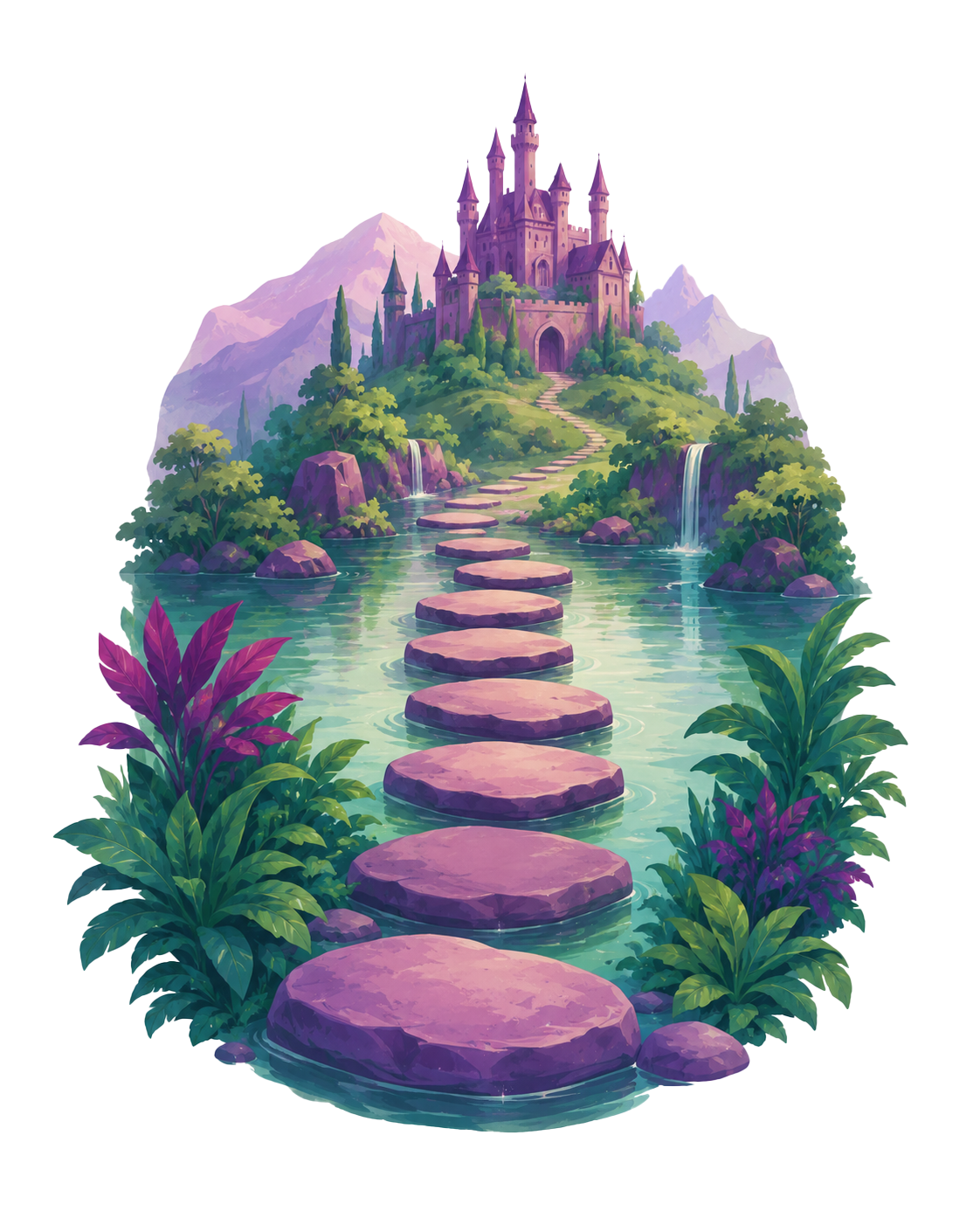 Moss-covered medallion with a hidden castle at the end of a stone path